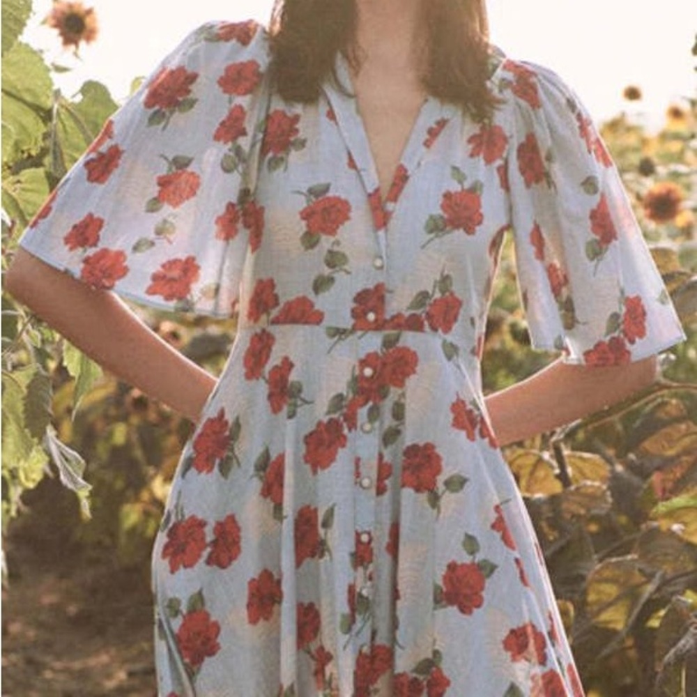 The Great Bridge Floral Midi Dress Blue Red Cotton Size 0 / XS - Picture 9 of 15
